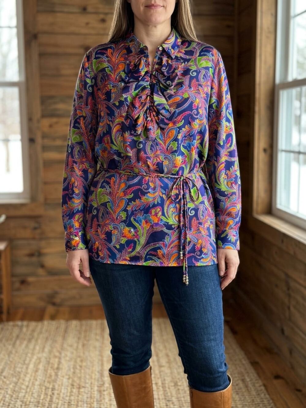 Lauren Ralph Lauren 100% Silk Paisley Blouse Womens Large Ruched Front Belted